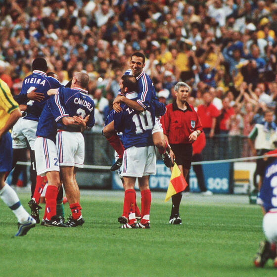 The French team celebrates after winning the World Cup final on July 12, 1998. 