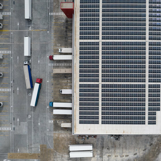 Solar panels on the roof of a warehouse at the Sonae MC food logistics hub in Azambuja, Portugal.