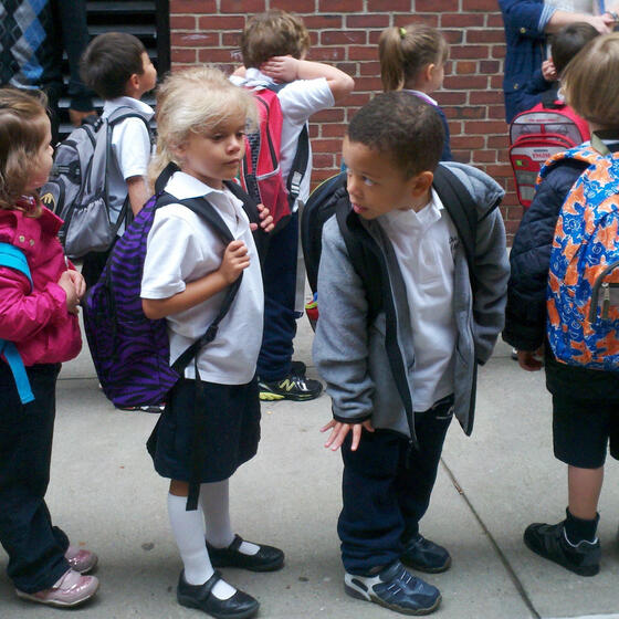 Kindergarteners lined up on the first day of school