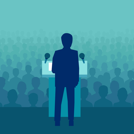 An illustration of a CEO speaking to a crowd