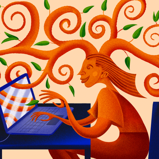 An illustration of a person at a computer with trees growing out of their head and fingers