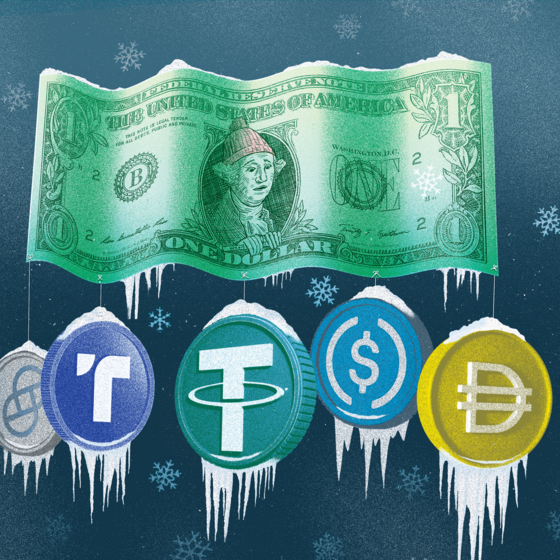 A dollar floating in a frozen landscape with stablecoins tethered to it