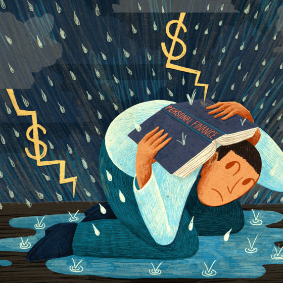 An illustration of someone sheltering himself from a financial story with a personal finance book