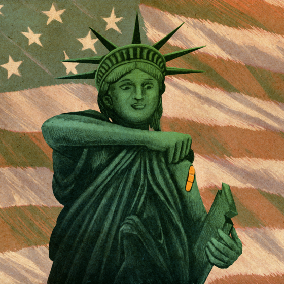 The Statue of Liberty with a band-aid on her arm from a vaccination.