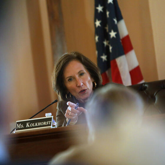 Texas State Senator Lois Kolkhorst questioning finance industry executives about ESG investing at a hearing in December 2022.