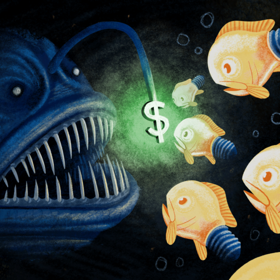 An illustration of fish/lightbulbs being attracted to a glowing dollar sign suspended by an anglerfish.