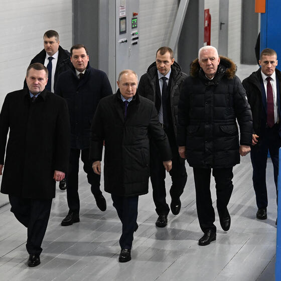 Vladimir Putin visiting the Ustianskiy timber complex in Arkhangelsk, Russia, in February.