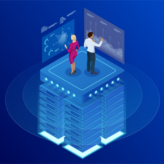An illustration of two people standing on top of a stack of computers using AI tools