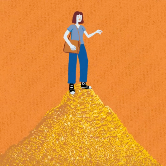 An illustration of a woman standing on top of a pile of coins