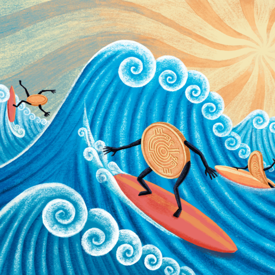 Cryptocurrency coins surfing high waves