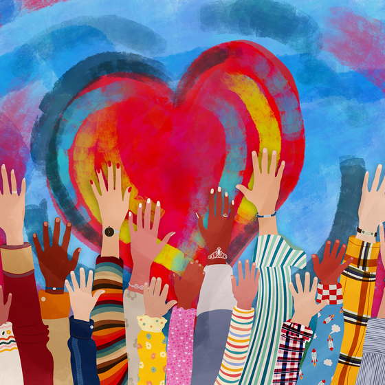 An illustration of hands raised in front of a heart