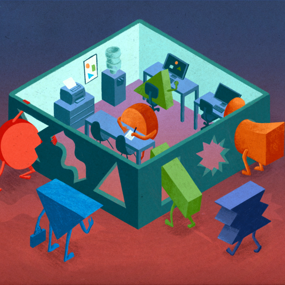 An illustration of shapes trying to get into an office through holes that are don't match