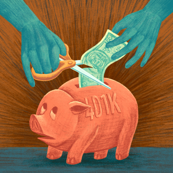 An illustration of currency being cut in half as it is put into a piggy bank