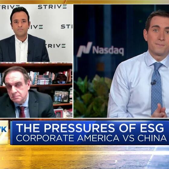 Vivek Ramaswamy and Jeffrey Sonnenfeld appearing on CNBC’s Squawk Box in October 2022.