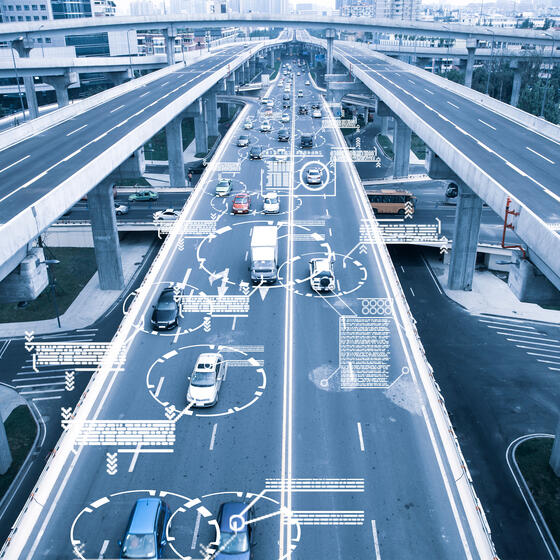 A photo illustration showing highways overlaid with electronic readouts