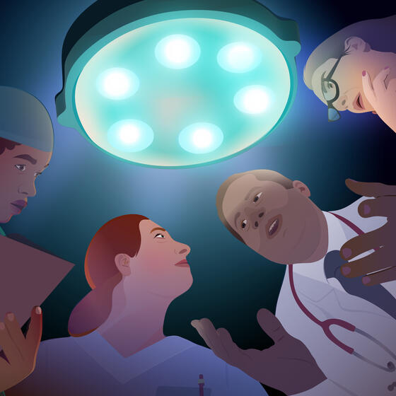 An illustration of doctors and nurses discussing care in surgery