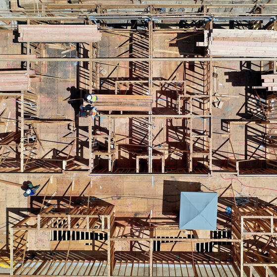 An overhead view of housing under construction