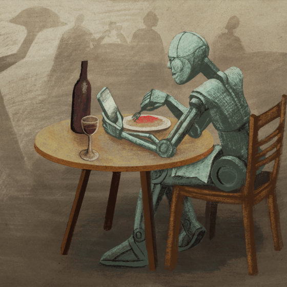 A robot sitting at a table at a restaurant, writing a Yelp review on a smartphone