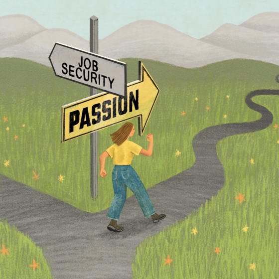 A woman following a sign pointing to "passion" at a fork in the road