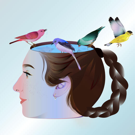 An illustration of a mug in the shape of a woman's head filled with water that birds are drinking
