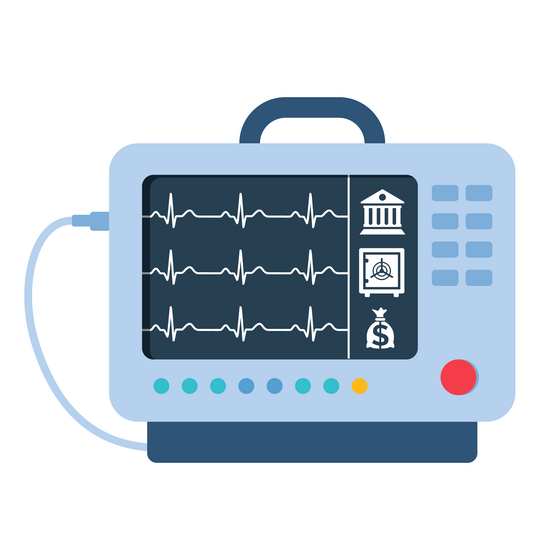 An illustration of a hospital monitor showing financial symbols