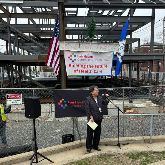Suzanne Lagarde at a “final beam” ceremony for a Fair Haven Health Care facility under construction.