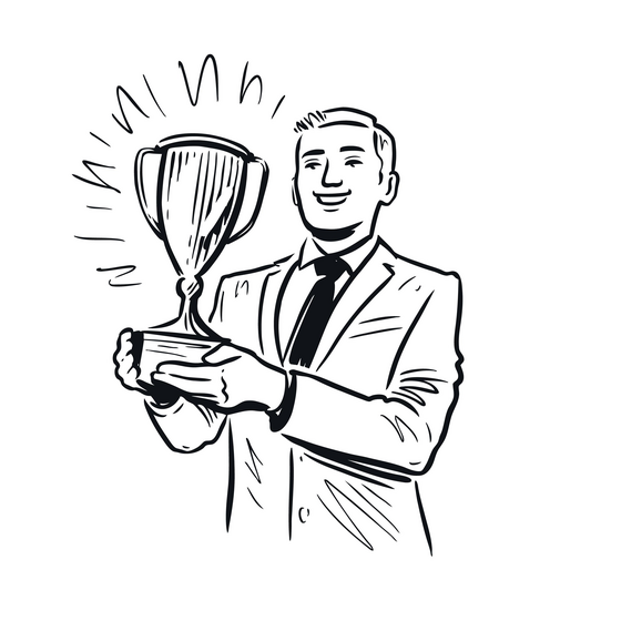 A vintage-looking cartoon of a man holding a trophy