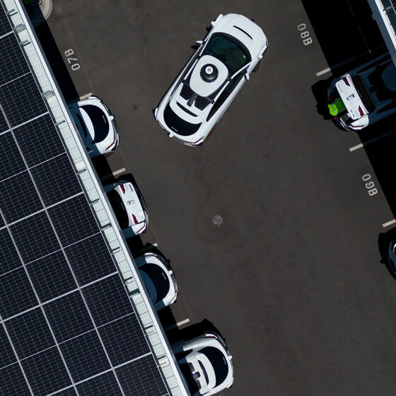 A parking lot full of self-driving taxis
