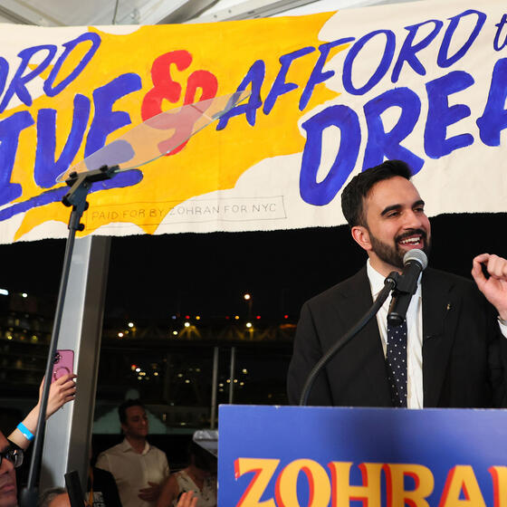 Zohran Mamdani speaking to supporters on election night.