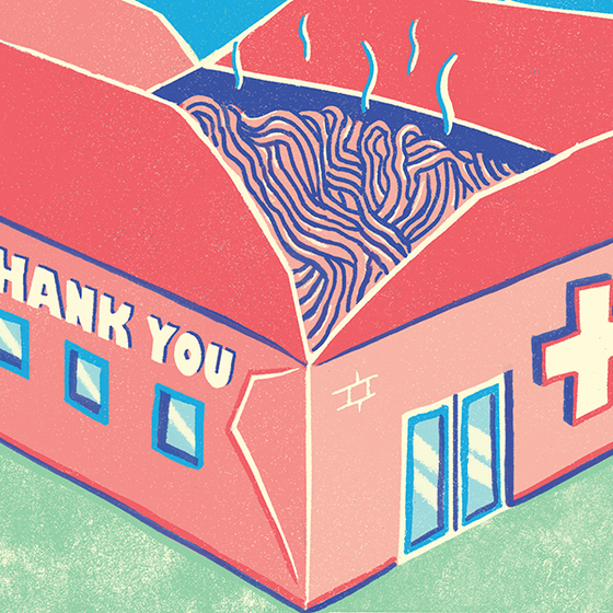 A takeout box decorated to look like a hospital, with the text "thank you"