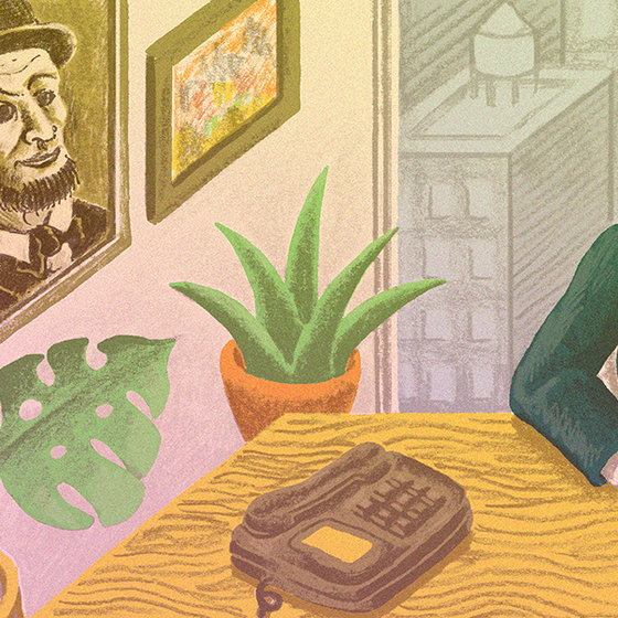An illustration of a CEO writing a letter with a portrait of Abraham Lincoln on the wall