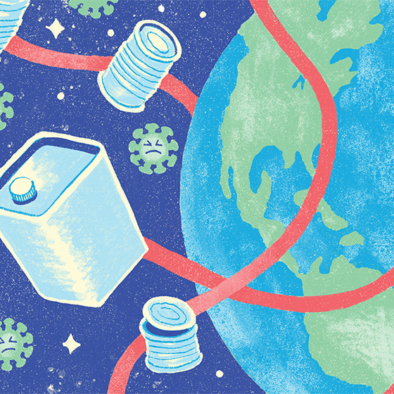An illustration of cans and other steel products circling the globe