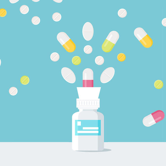 Sky of pills being sucked into an overfilling Rx bottle
