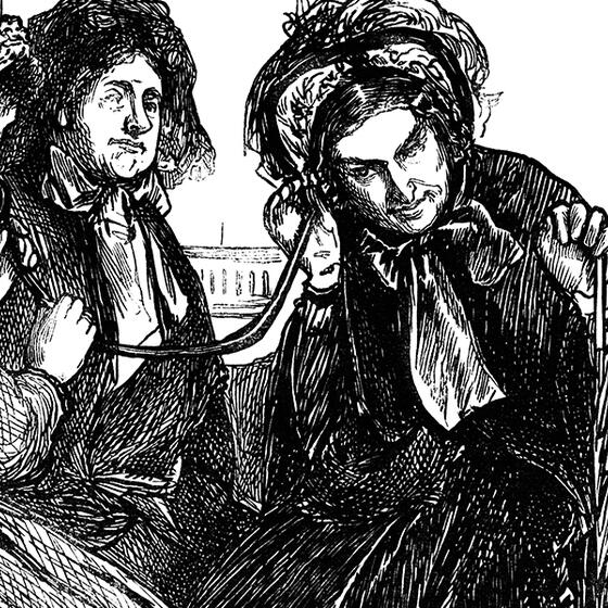 A vintage illustration of women talking through a tube