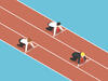 An illustration of people in business attire starting a race with one ahead of the others