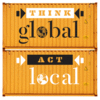 An animated illustration of shipping containers reading "Think global, act local."