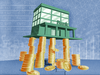 An illustration of a bank supported by columns of precarious coins