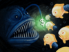 An illustration of fish/lightbulbs being attracted to a glowing dollar sign suspended by an anglerfish.