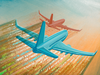 An illustration of airplanes with algorithms in their wake