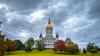 The Connecticut State Capitol in Hartford with dark clouds in the sky