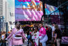 Fans in New York’s Times Square wearing Barbie clothes for the opening of Barbie movie on July 21, 2023.