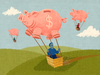 An illustration of a piggy bank-shaped hot air balloon that can't get off the ground