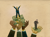 An illustration showing a male investor being raised up by hands and money, while a women investor is getting less