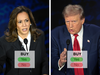 A split screen of Kamala Harris and Donald Trump debating, with buttons to buy "yes" or "no" contracts for each of them