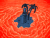 An illustration of a blue mayor on an island surrounded by a red ocean