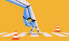 A robot hand walking across a crosswalk surrounded by traffic cones