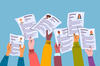 An illustration of hands holding up résumés